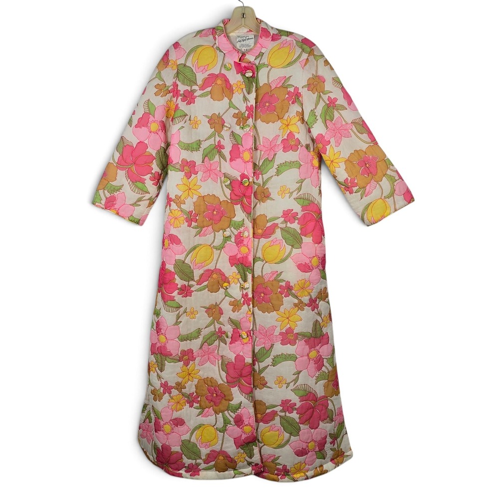 VTG 70s Saks Fifth Avenue Robe Womens S Vintage Floral Quilted Pink Button Front